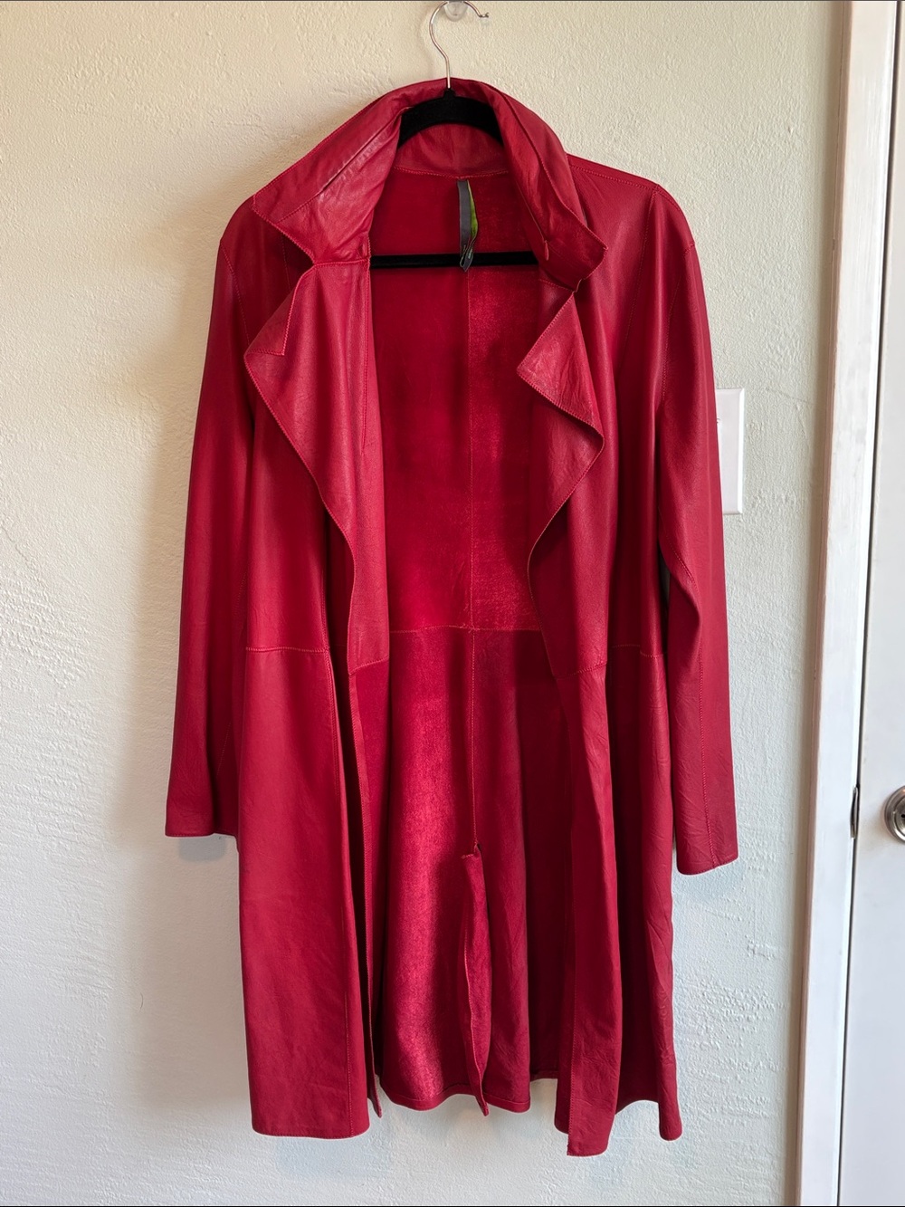 Women's S Red Open-Front Draped Leather Trench Coat